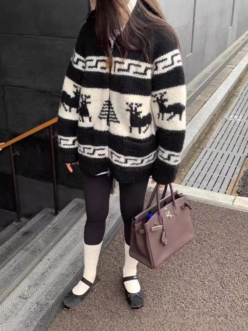 Corea del año 2024 otoño invierno nuevo estilo de Navidad industria pesada jacquard cardigán jersey abrigo perezoso mujer image 4