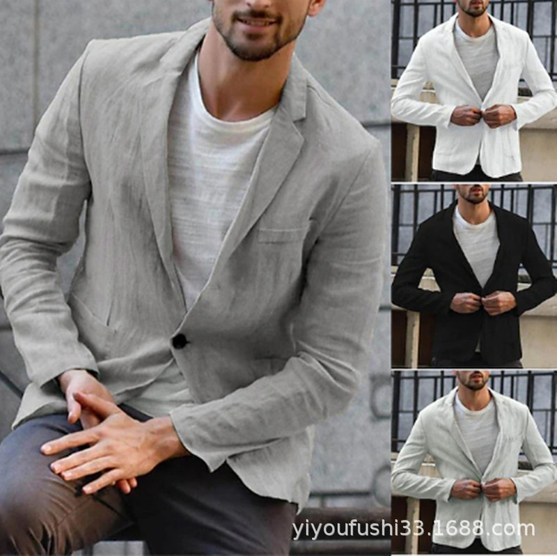 2023 cross-border European and American men's spring and autumn casual cotton and linen loose suit Amazon jacket casual top long sleeve
