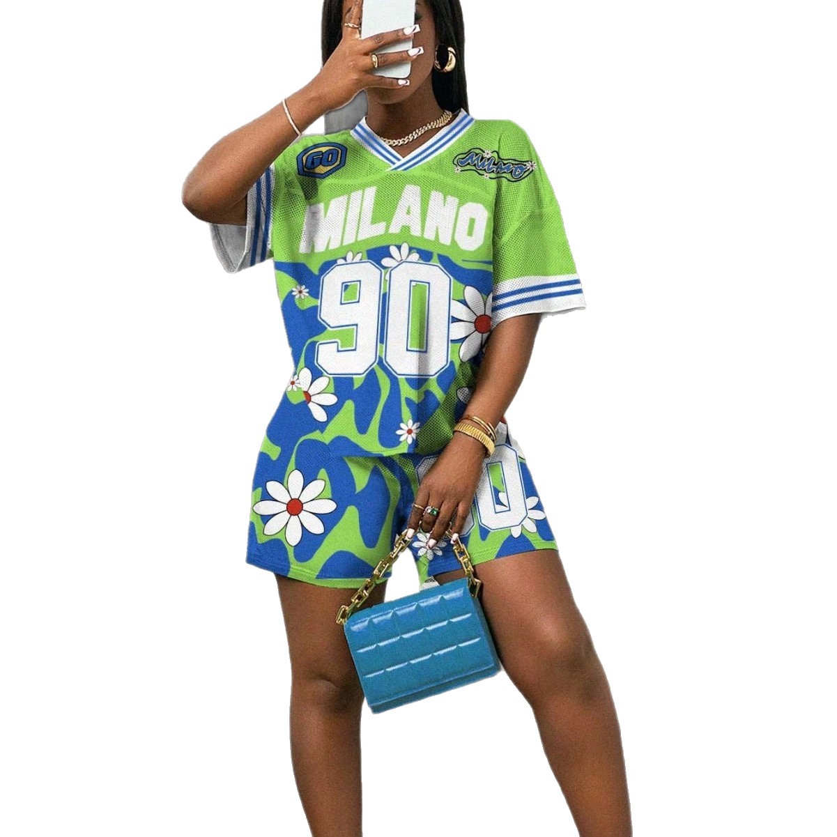 European and American Cross-Border New Letter Print Casual Fashion Shorts Rugby Basketball Women's Suit Multi-Color