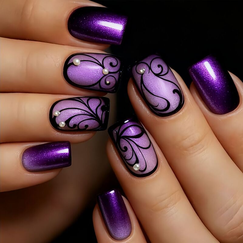 Purple Sparkling Diamond Medium-Length Square-Shaped Nail Stickers, European and American Fashion Nail Stickers, Removable Wearable Nails