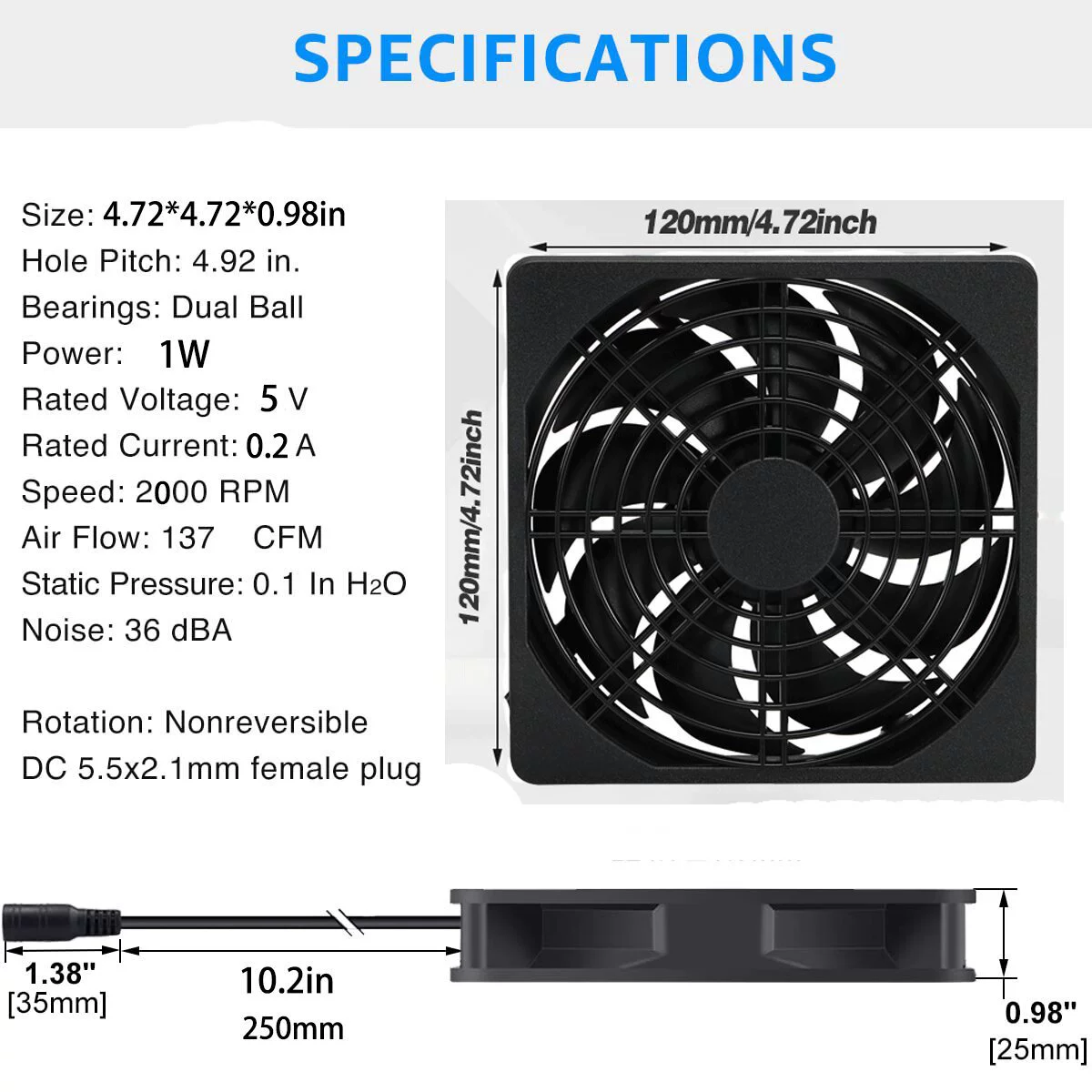 12 cm DC Cooling Fan, 5 V, USB Speed Controller Option, Compact Radiator Fan