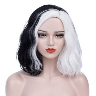 Cross-Border black and white yin and yang wig medium and long roll wig without bangs WAVE Stitching head cover kuila wig