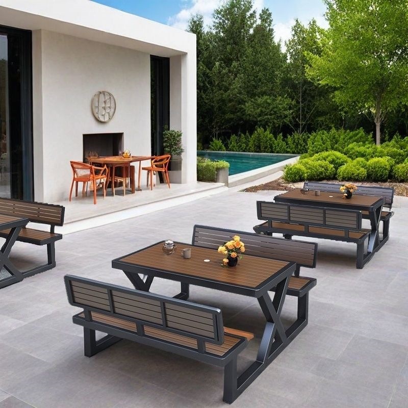 Square courtyard camping plastic wood moisture-proof and waterproof table and chair set, cafe outdoor bench table and chair, commercial milk tea shop