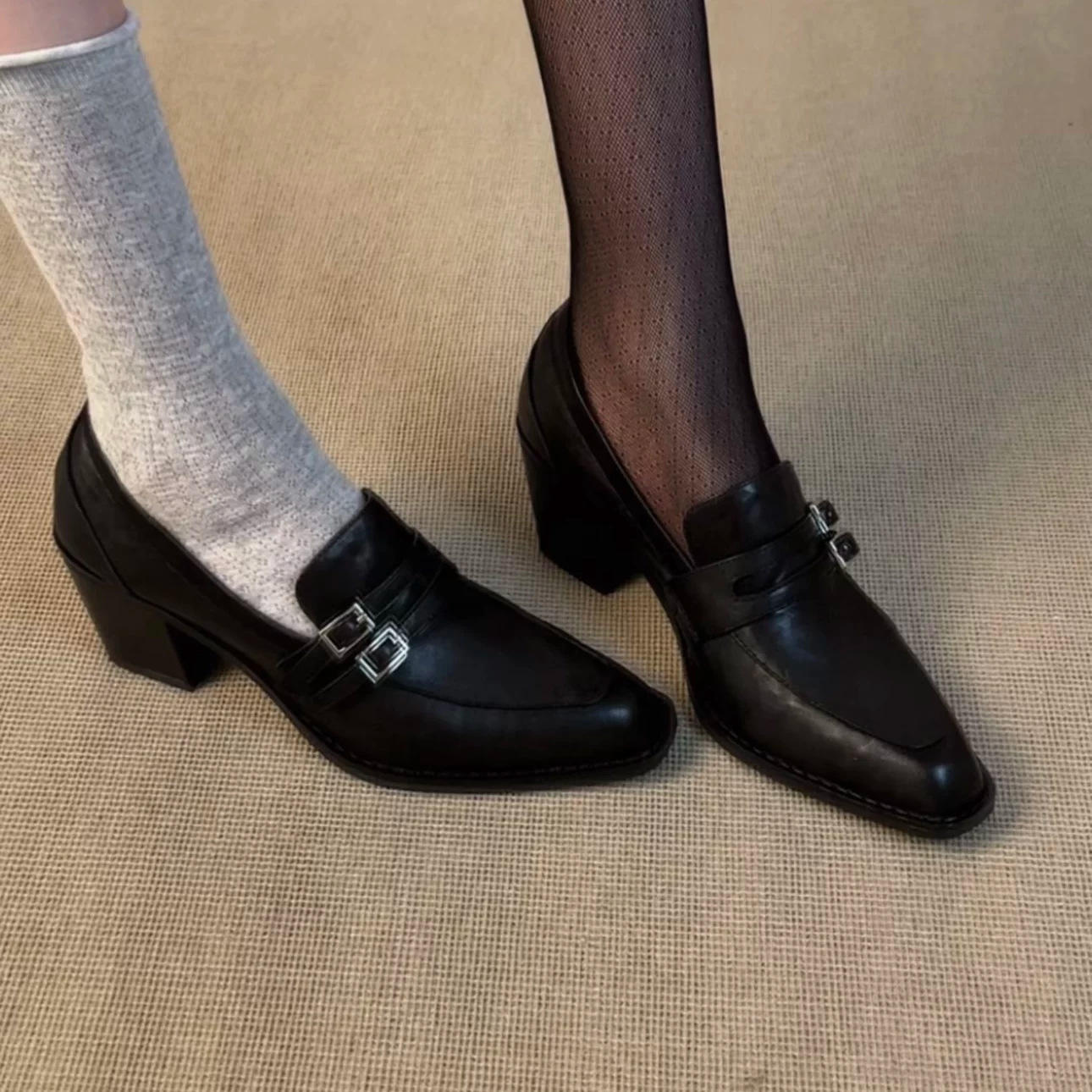 Ready-to-ship, stylish genuine leather slip-on loafers with double buckles, perfect for commuting, high heels, and a retro look