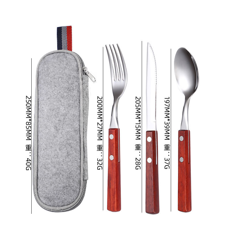Cuchillo, tenedor y cuchara con mango de madera de acero inoxidable 304, restaurante occidental, bistec, cuchillo, tenedor y cuchara, juego de vajilla portátil de viaje, fuente transfronteriza