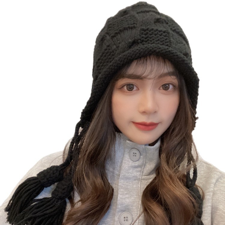 新年红色帽子女秋冬保暖毛线流苏套头帽手工针织护耳帽日系ins|undefined