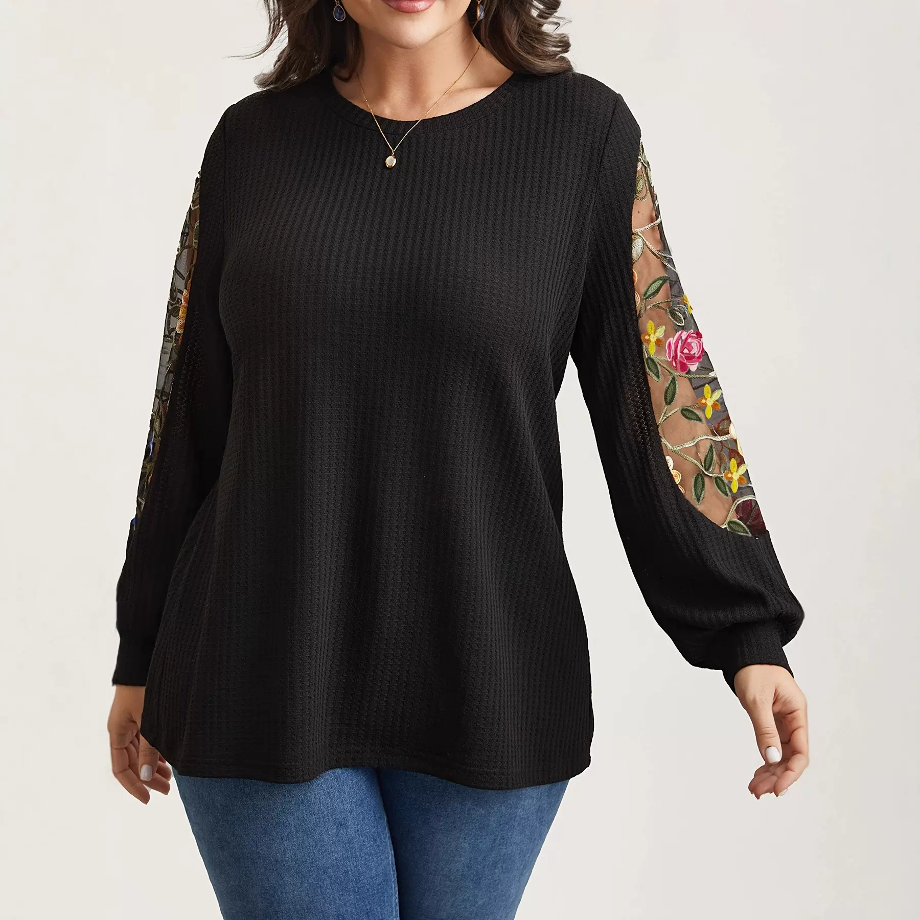 欧美外贸新款亚马逊独立站跨境秋冬女装纯色花边针织长袖T恤上衣