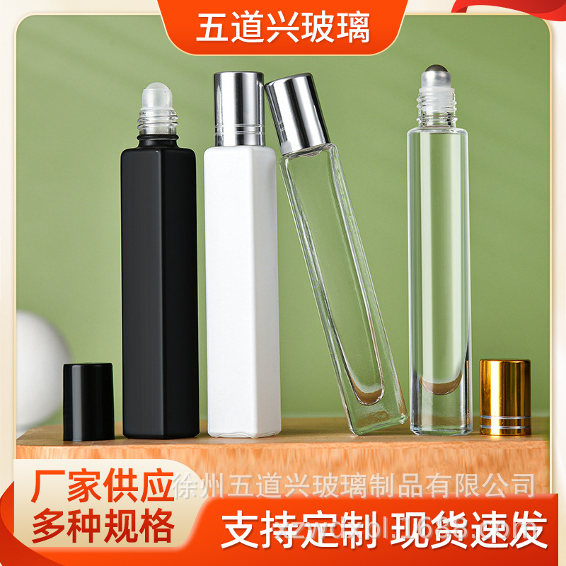 现货批发10ml哑黑滚珠玻璃瓶细高亚白方形香水瓶走珠精油分装空瓶