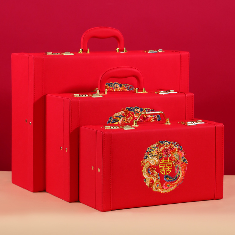 Maleta de novia para la boda, dotación de compromiso de 100,000 yuanes, caja de regalo para vestido de novia, joyas, dotación, caja de boda roja, dragón y fénix de buena presagio