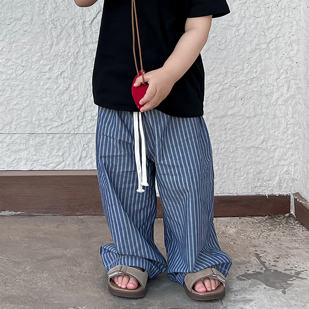 Summer Children's Trousers Japanese Style Lazy Blue Vertical Stripe Anti-mosquito Pants for Boys and Girls Casual All-match Baby Pants