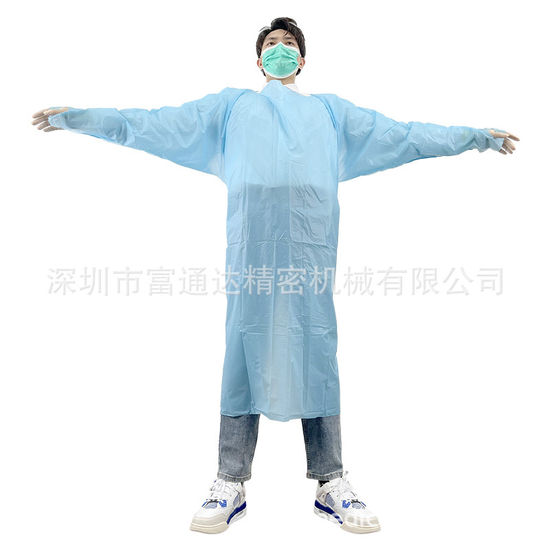 厂家批发一次性CPE拇指扣围裙 EN14126蓝色半包围裙用于卫生院