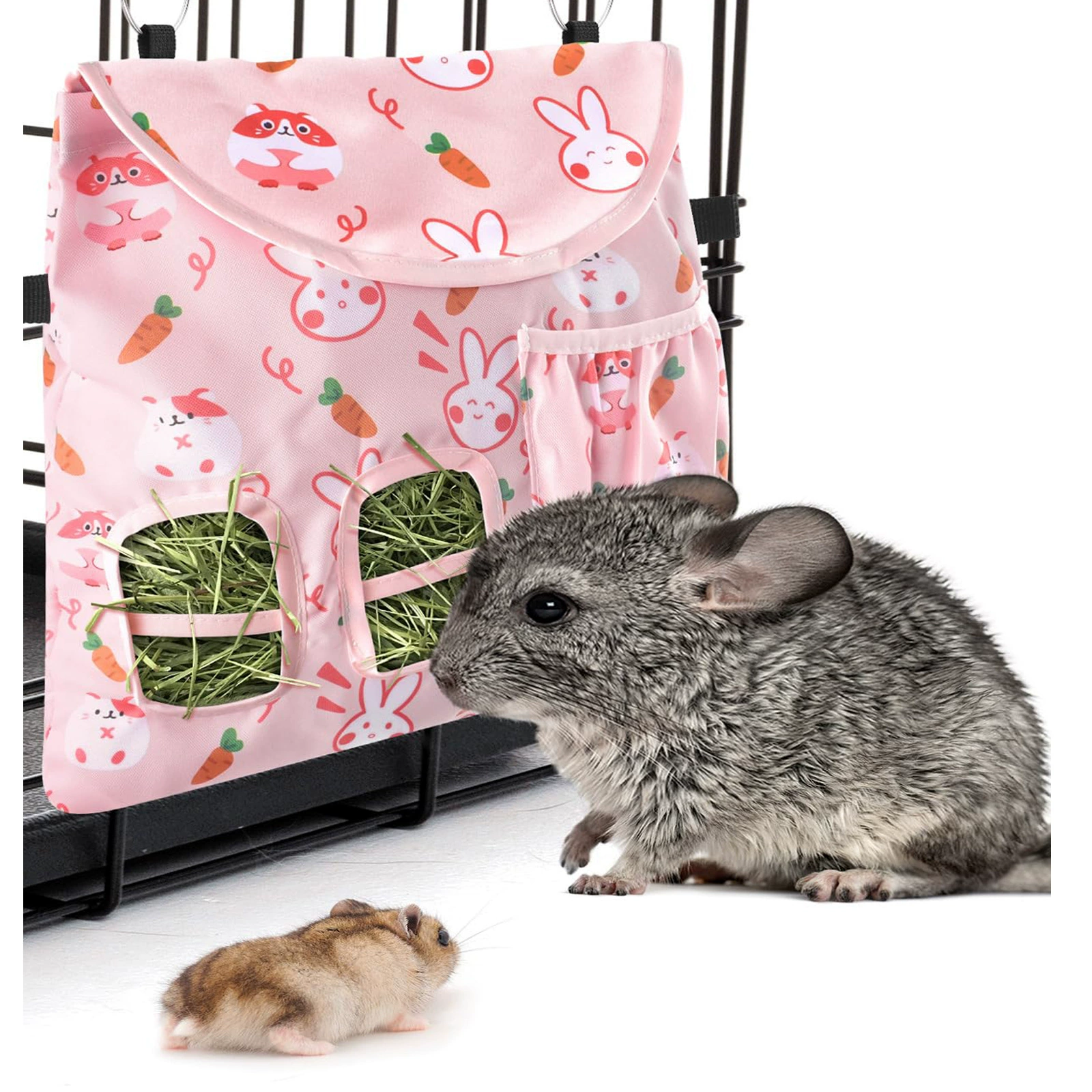 Кролик Сено Кормящий мешок 2 отверстия Подвеска Сено Кормитель Морская свинка Сено мешок боковые карманы Кролик бурундук хомяк