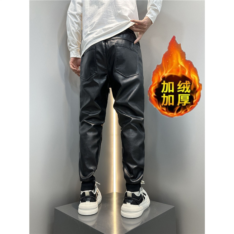 2026 Autumn/Winter Jogger Leather Pants, Korean Style, Slim Fit, Cool and Stylish, Fleece-lined, Warm, Windproof, Patchwork, Slimming Casual Pants