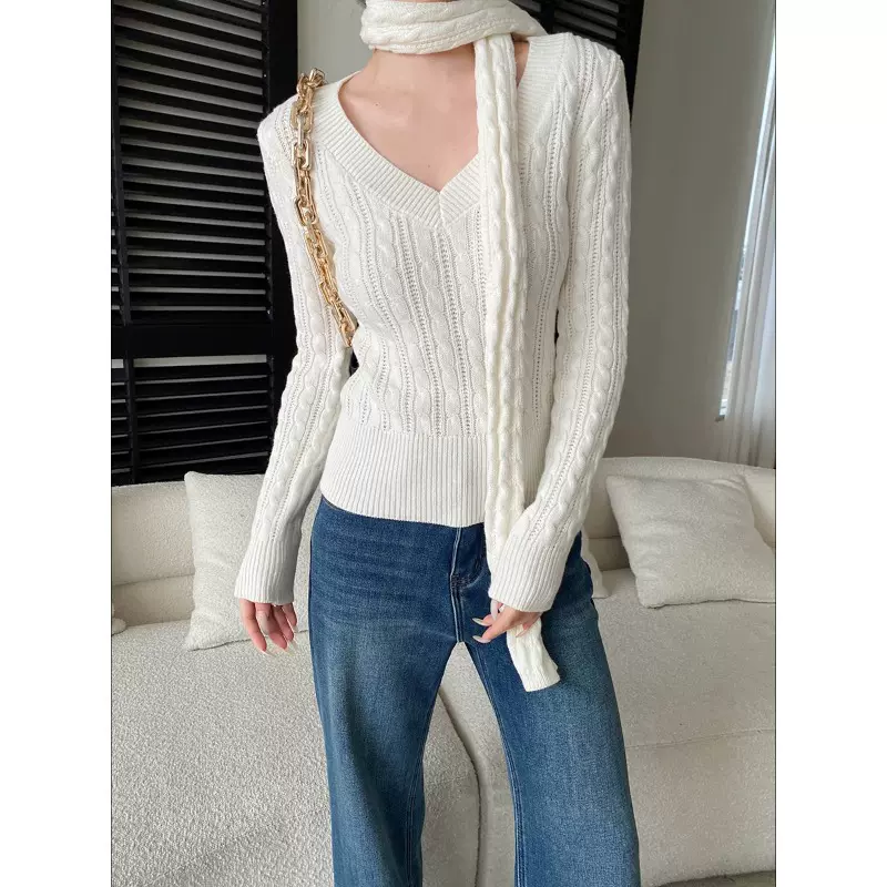 司南 智性出街 法式V领围巾复古绞花修身显瘦打底针织衫 SN8545