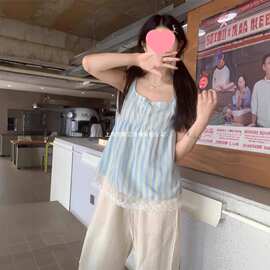 韩系女装夏季条纹吊带背心蕾丝拼接外穿小个子无袖上衣