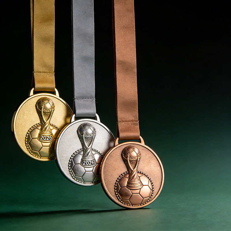 Medalla temática de la Copa del Mundo de 2026 Hercules Copa de fútbol medalla de metal de textura oro, plata y bronce tricolor premios personalizados