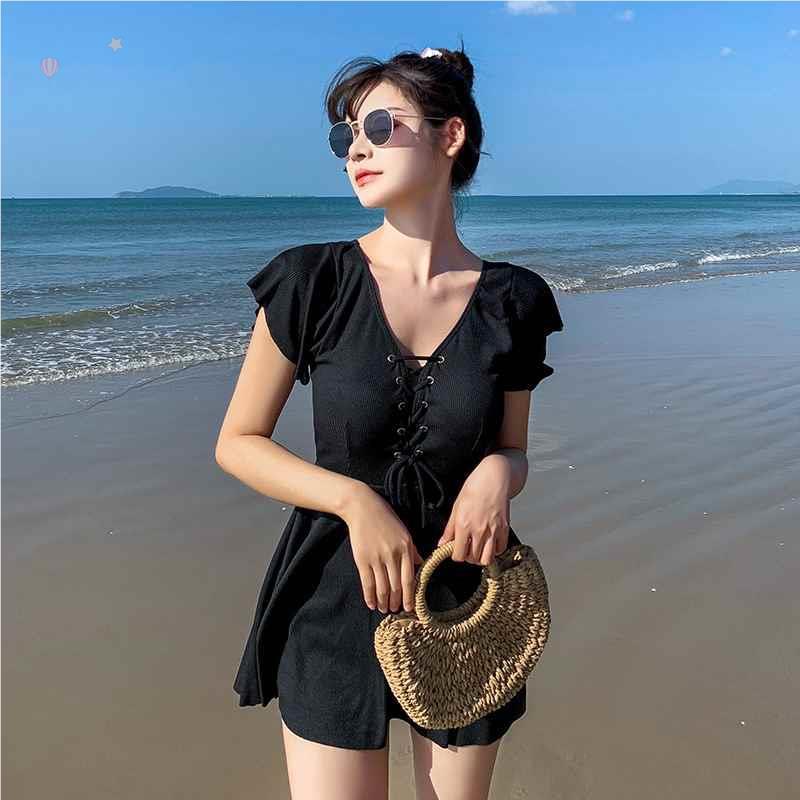 Trajes de baño divididos para mujeres Xiaoxiao fresco in ultra inmortal cubrir el estómago delgado estudiantes conservadores V-collar vestido de cintura tipo traje de baño de spa