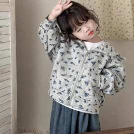 女童韩国拉链外套春秋冬季2026新款儿童女孩洋气花朵碎花卫衣开衫