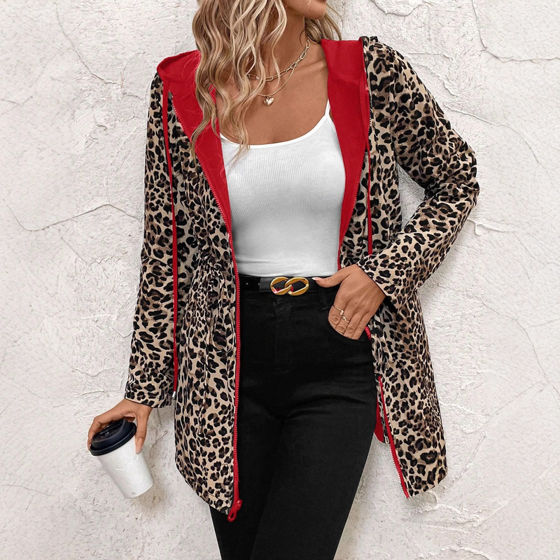 In-Stock European and American Cross-Border Women's Fashion Reversible Hooded Zip-Up Jacket with Leopard Print Pockets Casual Windbreaker