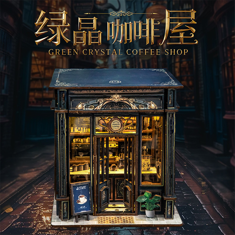 Cross-Border New Product Green Crystal Coffee Shop DIY Cabin Wooden Stereo Puzzle Hand-Assembled Bookend 3D Miniature Model