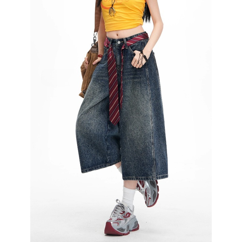 American Retro Washed Denim Capri Pants for Women, Summer Trendy New High-Waisted Slimming Loose Wide-Leg Mid-Length Pants