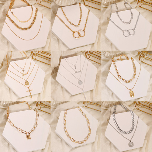 Korean jewelry cross-border European and American retro ring bronze beads multi-layer geometric hexagon circle arrow necklace