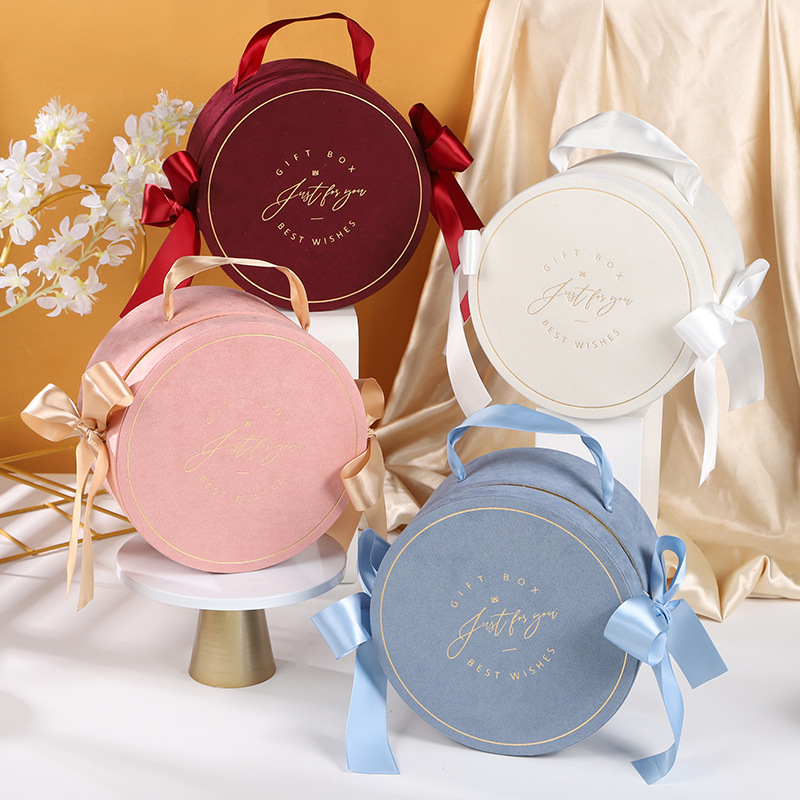 麂皮绒手提礼品包装双蝴蝶结圆筒情人节伴手礼盒大号喜糖盒礼品盒