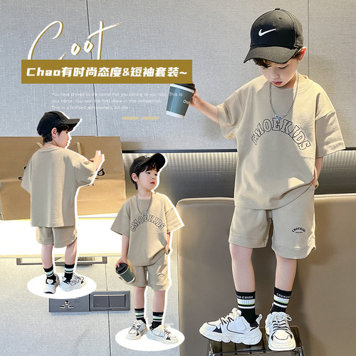 Boys Thin Sports Suit  Summer New Letter Printed T-Shirt Five-Female Pants Handsome Casual Two-piece Set