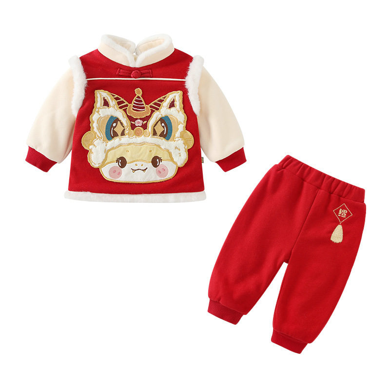 어린이 의류 겨울 어린이 세트 중국 스타일  소년과 소녀 겨울 두 조각 새 어린이 신년 옷 생일 원피스