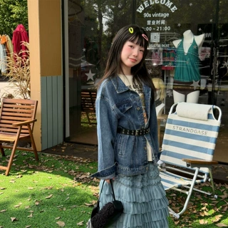 花与寻女童2026年秋款韩版复古牛仔外套时髦宽松儿童翻领牛仔上衣
