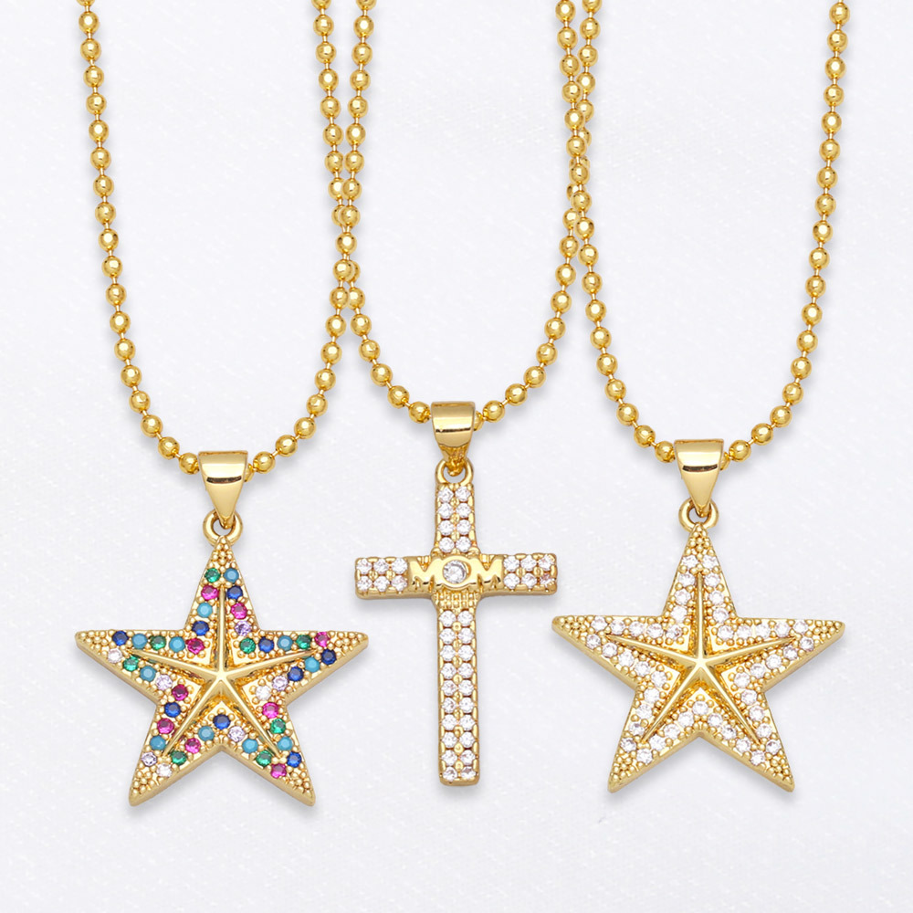 fashion cross colored zircon fivepointed star retro copper clavicle chainpicture1