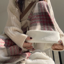 复古毛呢格子裤女窄版拖地休闲棉裤慵懒直筒垂感加绒针织阔腿裤子