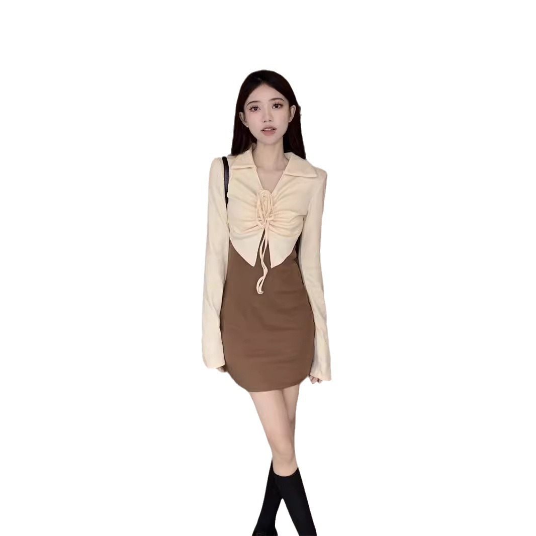 (2개) 달콤하고 매콤한 부드러운 바람 가짜 투피스 긴팔 원피스 여성 초가을 디자인 레트로 뜨거운 소녀 섹시한 힙합 스커트 짧은 치마