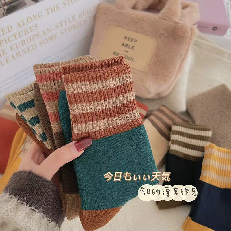 Осенне-зимние толстые полосатые махровые носки для женщин, средней длины, на флисовой подкладке, теплые, в японском ретро-стиле, женские носки средней длины для студентов.