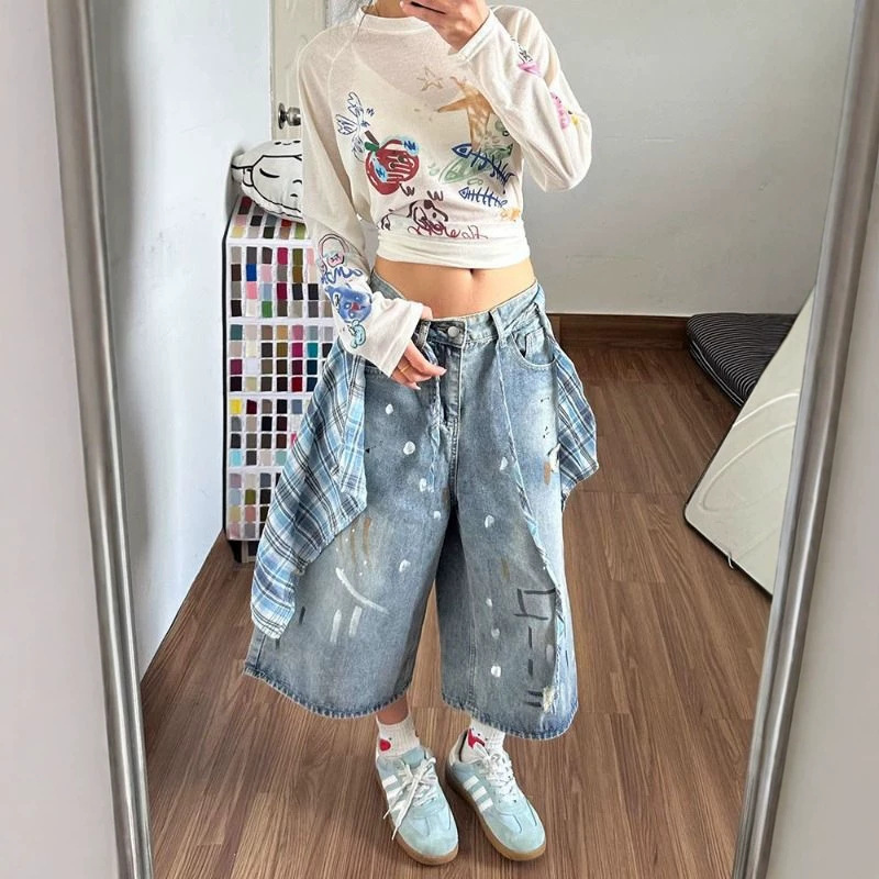 Vintage Ink-Splattered Patchwork Denim Capri Pants for Women, New Summer Style, Loose Fit, Slimming Straight-Leg Wide-Leg Capri Pants for Women Vintage Ink-Splattered Patchwork Denim Capri Pants for Women, New Summer Style, Loose Fit, Slimming Straight-Leg Wide-Leg Capri Pants for Women