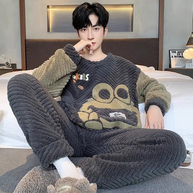 2025 otoño y invierno pijamas de coral para hombres con pelusa gruesa de dibujos animados chaqueta de algodón cálida manga larga ropa de hogar al por mayor