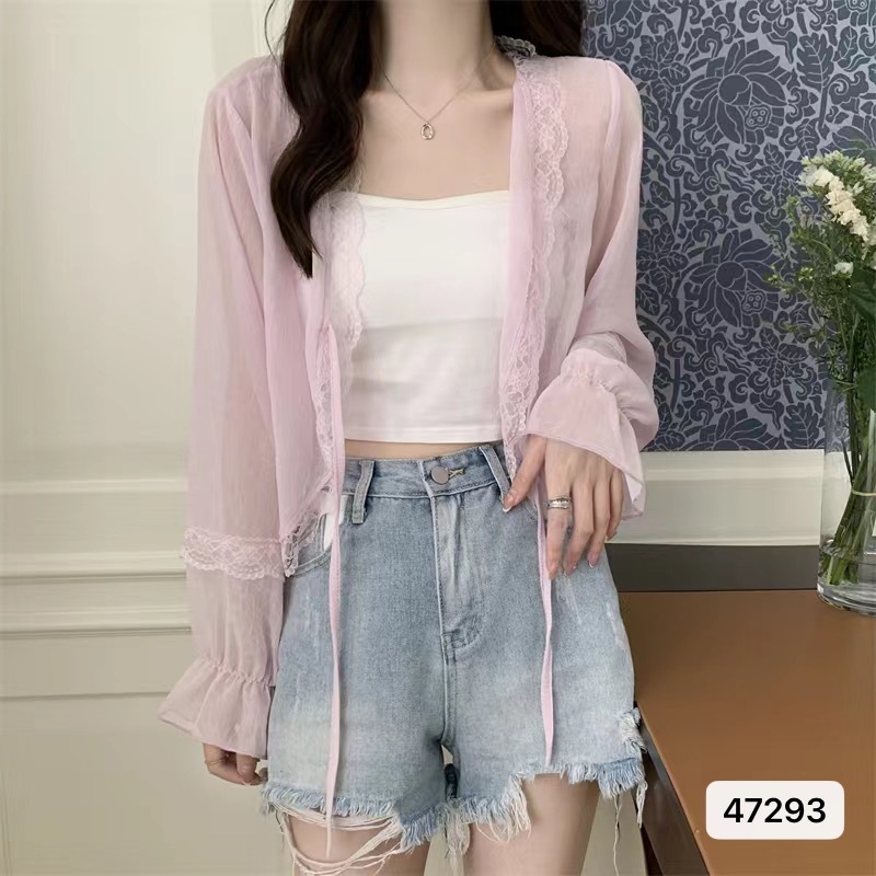 2024 여름 새로운 디자인 달콤하고 신선한 슈퍼 요정 얇은 선 스크린 카디건 쉬폰 셔츠 긴 소매 짧은 코트