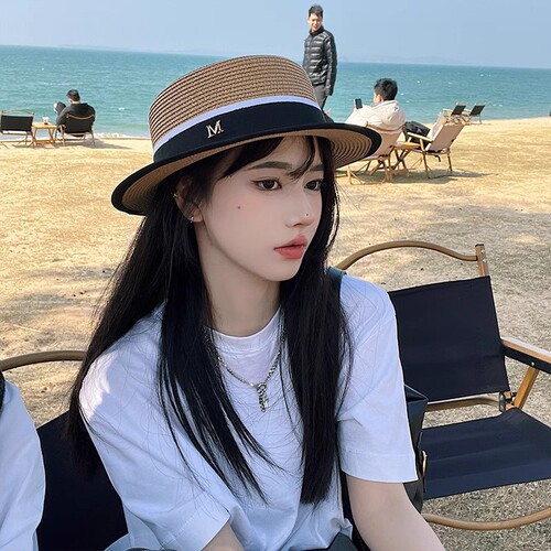 Beach Vacation Flat Top Straw Hat for Women Summer Letter Weave Sun Protection Hat Sunshade UV Shielding Face Covering Sun Hat