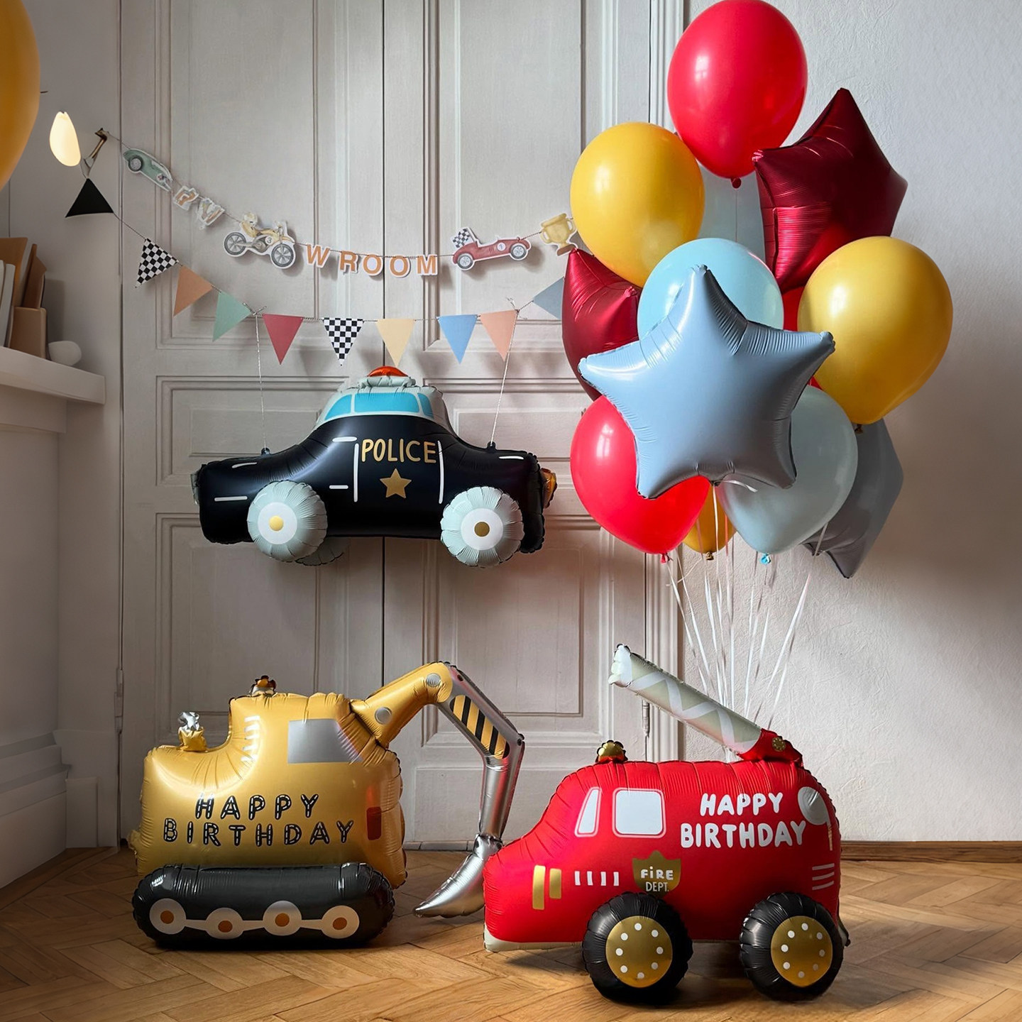 Police car, fire truck, excavator aluminum foil balloons children