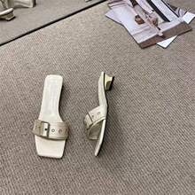 韩版方头一字拖玫红方扣显瘦皮带扣方跟气质低跟凉拖鞋女夏外穿