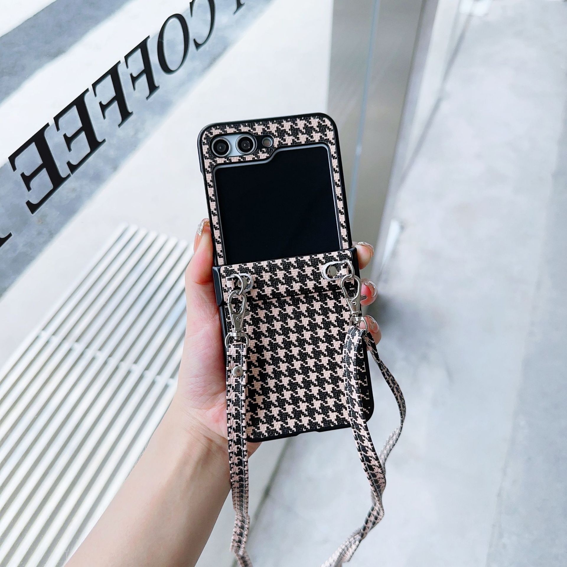 Fashion check for Samsung Galaxy Z Flip3/4/5 folding phone case ZFlip6 solid color diagonal rope_voghion.com