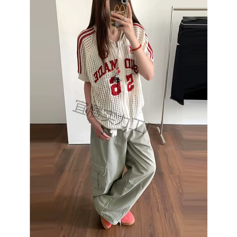 Летний новый стиль, ажурные топы с короткими рукавами, большой размер, американский ретро-джерси, свитер с буквенным дизайном для женщин