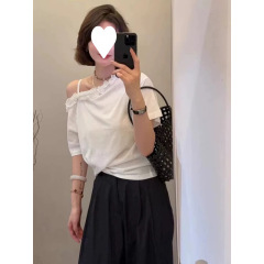 花边吊带露肩短袖t恤女设计感小众夏季独特漂亮小衫斜肩白色上衣