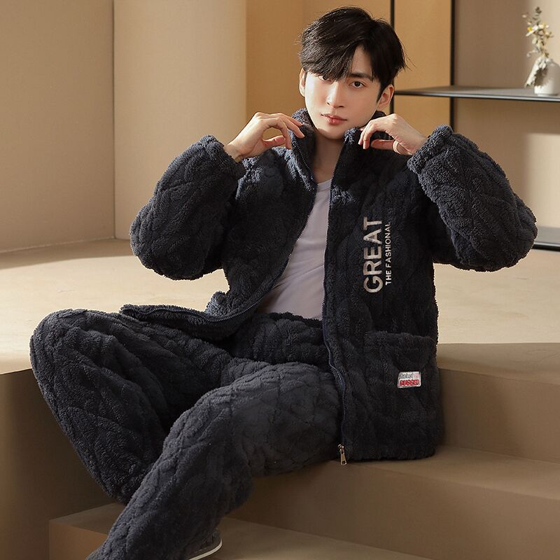Pajamas for Men Winter Three-Layer Thickeneded Coral Velvet Quilted Warm Fleece-Lined Flannel Home Wear Set Autumn and Winter