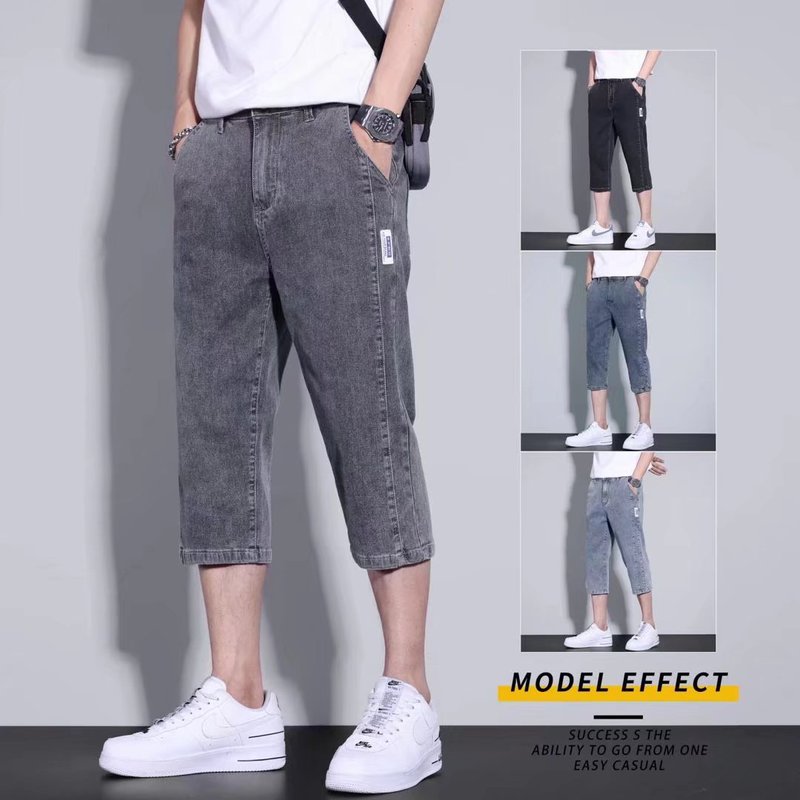 メンズサマーショート丈デニムショートパンツ、薄手でゆったりとしたストレートレッグのアウターパンツ、夏のトレンドで万能な7点ミドルパンツ|undefined