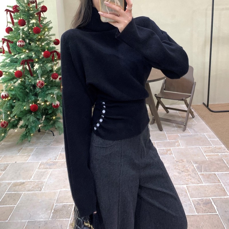 韩系高领浅蓝色针织衫女秋冬慵懒风收腰显瘦蝙蝠袖上衣女|undefined