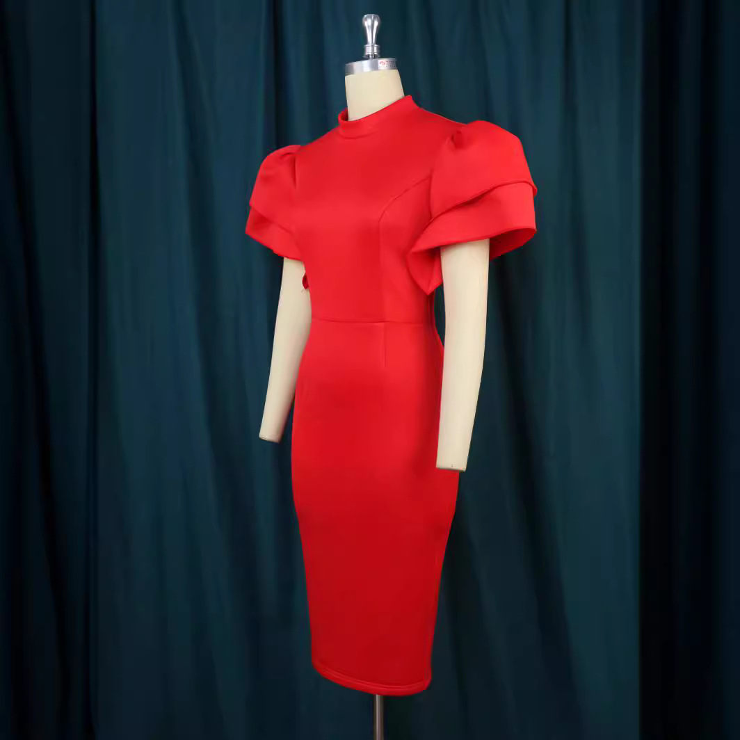 Abbigliamento donna AM221202 vestito da cocktail party con maniche a tromba e colletto alto piccolo firmato_voghion.com