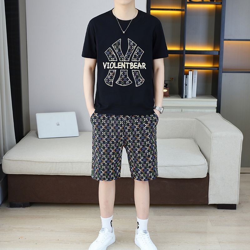 Heavy Trendy Brand Printed T-shirt American Style Trendy Handsome Men's Short-sleeved suit Summer Trendy Loose All-match Round Neck Two-piece Set