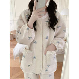 2025睡衣女加厚夹丝棉家居服蝴蝶结点点韩版ins长袖圆领套装