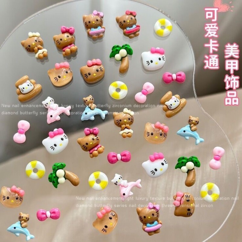 Hawaiian Holiday Nail Art Black Skin KT Cat Coconut Tree Cute Three-dimensional Cartoon Nail Wear Decoration Material